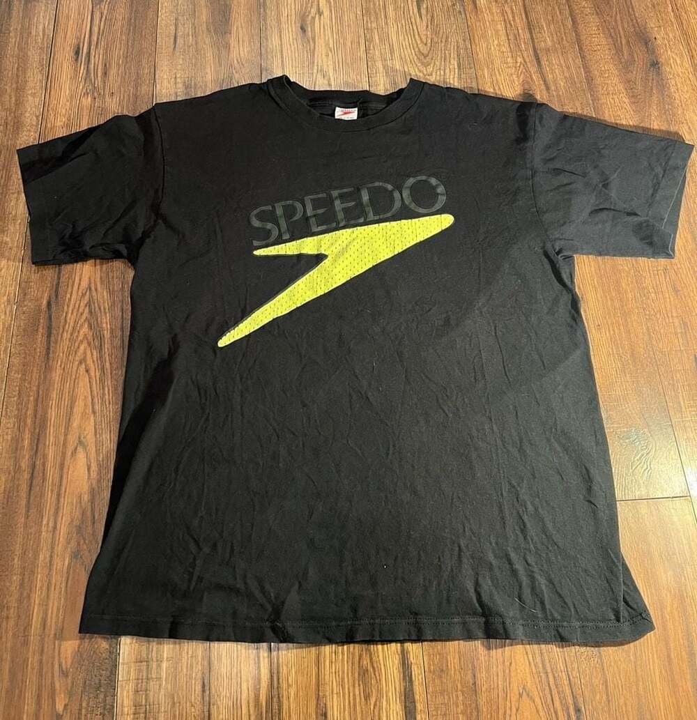 Vintage Speedo Graphic Logo Short Sleeve T-Shirt Black Size single stitch